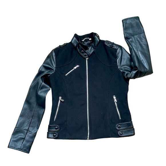 1981 Guess Faux Leather Moto Jacket Womens Size M Zip up Black Silver Zip Lin… - Picture 1 of 16